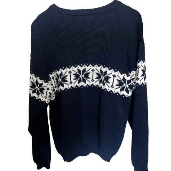 TIROL Sweater Mens L Navy White Wool Blend Nordic Snowflake Pullover Vintage - Picture 2 of 11